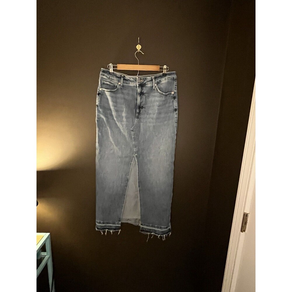 Express Denim Maxi Skirt Womens 12 Blue Jean Front Slit Raw Frayed Hem